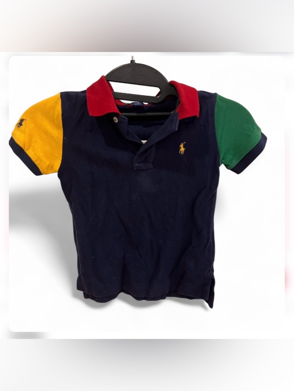 Ralph Lauren Navy Polo with Red Collar and Yellow & Green Sleeves